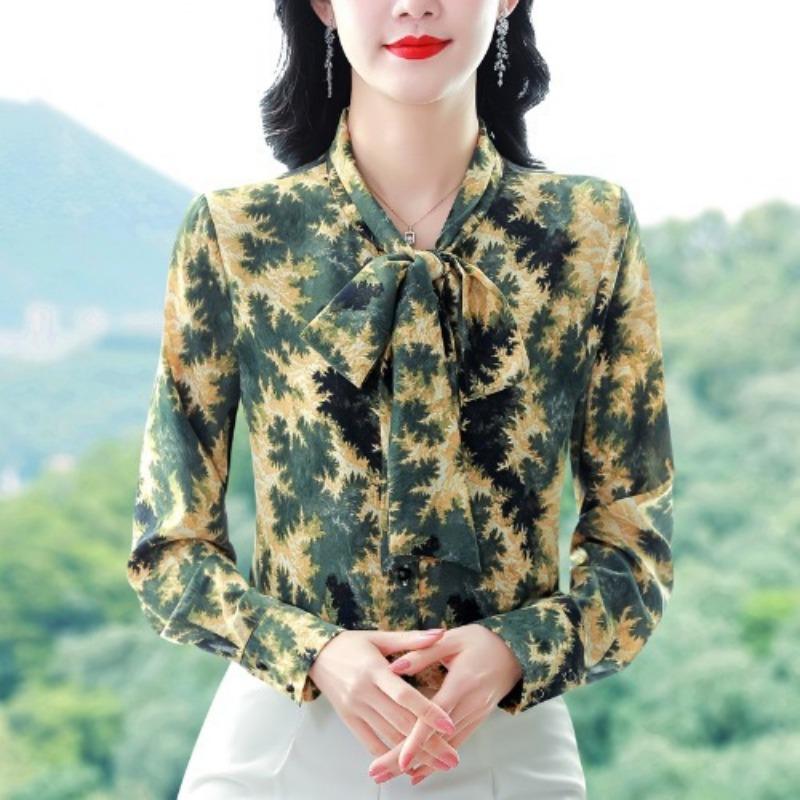 

New Spring Floral Chiffon Shirt for Women with High-end Bows and Fashionable Commuting Long-sleeved Streamer Shirt 3XL зелёный