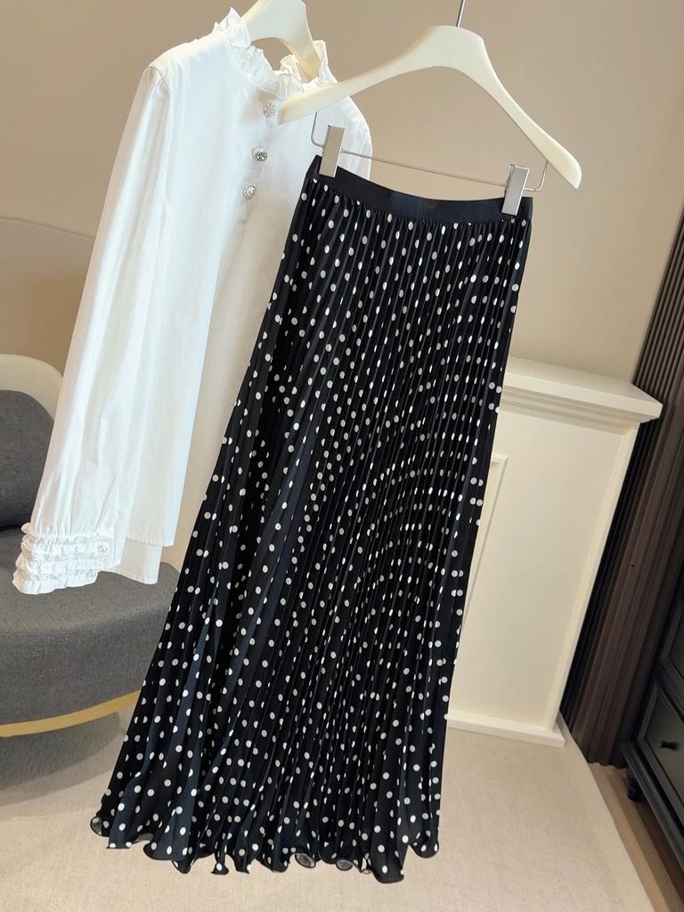 Summer New French High Waist Polka Dot Pleated Skirt Women Loose and Thin Temperament Drape a Word Medium and Long Skirt