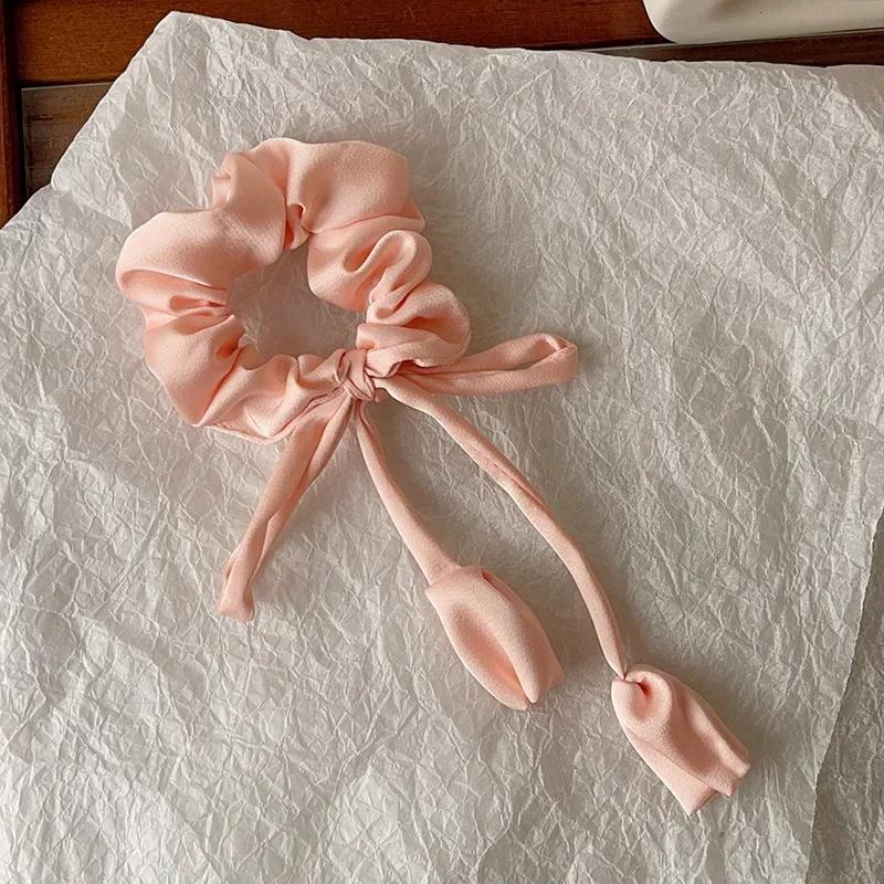 

New Sweet Scrunchie for Women Bow Ribbon Flower Elastic Hair Ties Cute Personalized Party Elegant Daily Wear Hair Accessories розовый