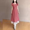 Large size red plaid dress for women's summer belly covering and thin lace splicing sweet a-word skirt