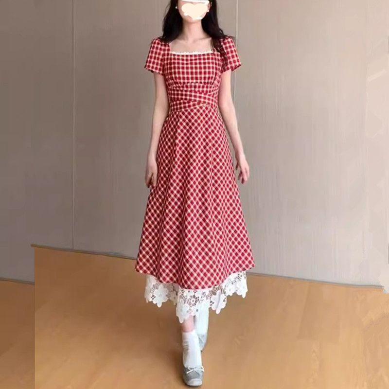 Large size red plaid dress for women's summer belly covering and thin lace splicing sweet a-word skirt