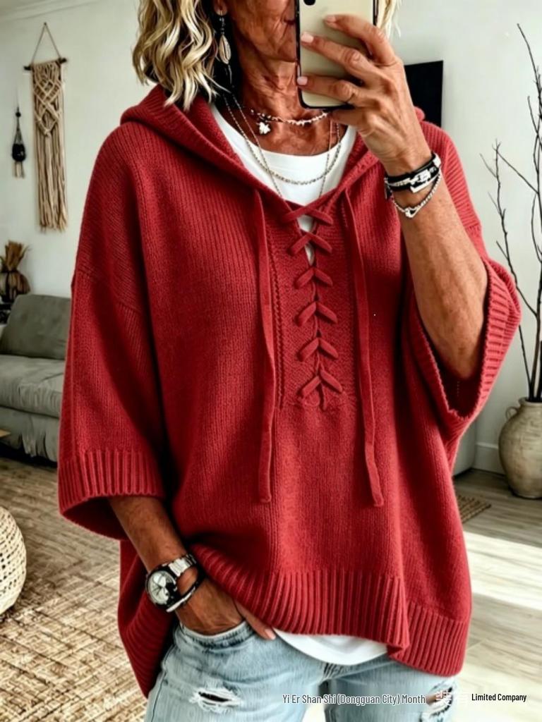 2026 Autumn/Winter Women's European & American Lace-up Hooded Sweater: Casual Loose Fit, Lazy Style Knitwear with Drop Shoulders