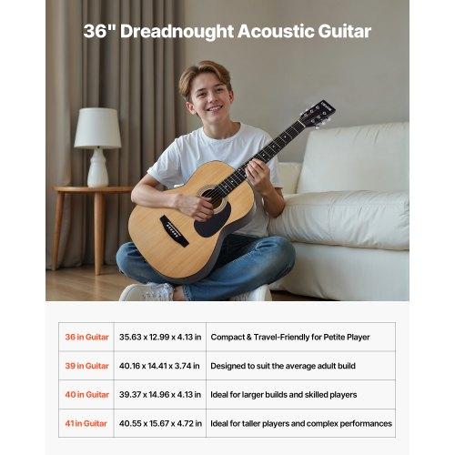 VEVOR 36 in / 914,4 mm Dreadnought Acoustic Guitar Natural Beginner Bundle Gig Bag for Teen