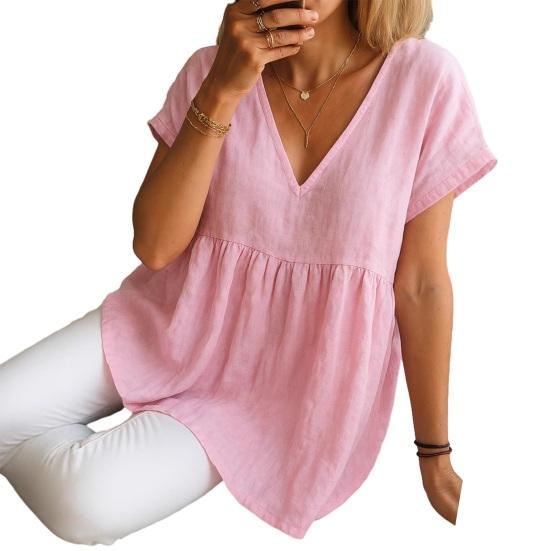 Women Tops V-Neck Short Sleeve Ruffle Splicing Hem Pullover Tops Pure Color Loose Fit A-Line Tee Tops Daily Wear