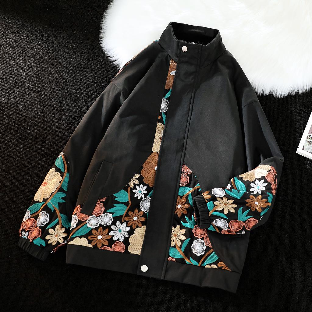 2025 Vintage Flower Embroidery Jackets Patchwork Jackets Men Black Jacket Male Casual Turn Down Collar Coats Spring Hip Hop Mens Loose Coat
