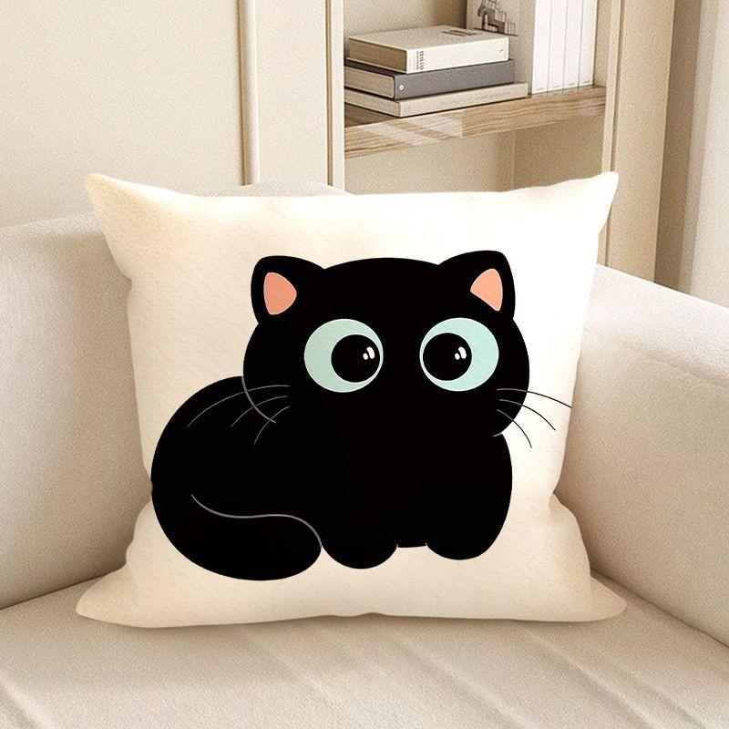 Cute Black Cat Cartoon Throw Pillow Cover - Minimalist Animal Home Decor