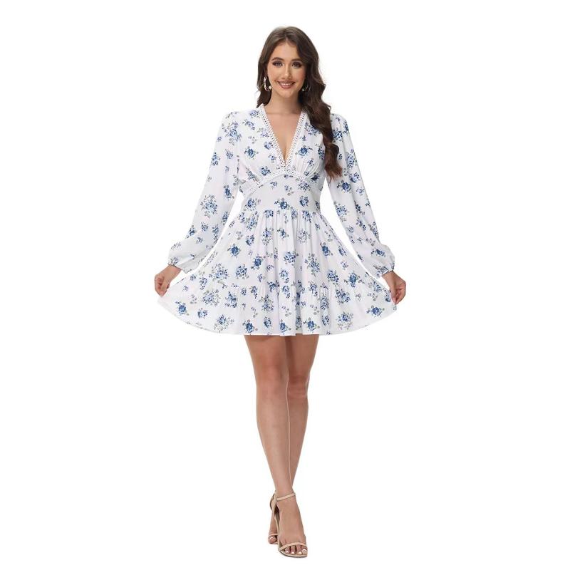 Summer V-Neck Lace Long Sleeve Dress Floral Printed Slim Fits Sexy Dress Sweet High Waist A-line Mini Dress