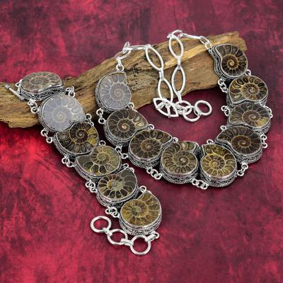 Gioielli con Pietre Preziose Fossili di Ammonite, Gioielli Fatti a Mano in Argento Sterling Massiccio 925, Set Unico di Bracciale e Collana per Lei