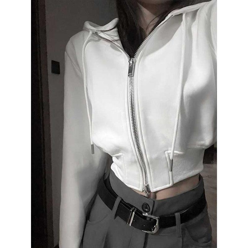 Casual Short Hooded Sweatshirt Women Zip Up Hoodies Solid Harajuku Long Sleeve Slim fit Crop Top Female Jackets Coat