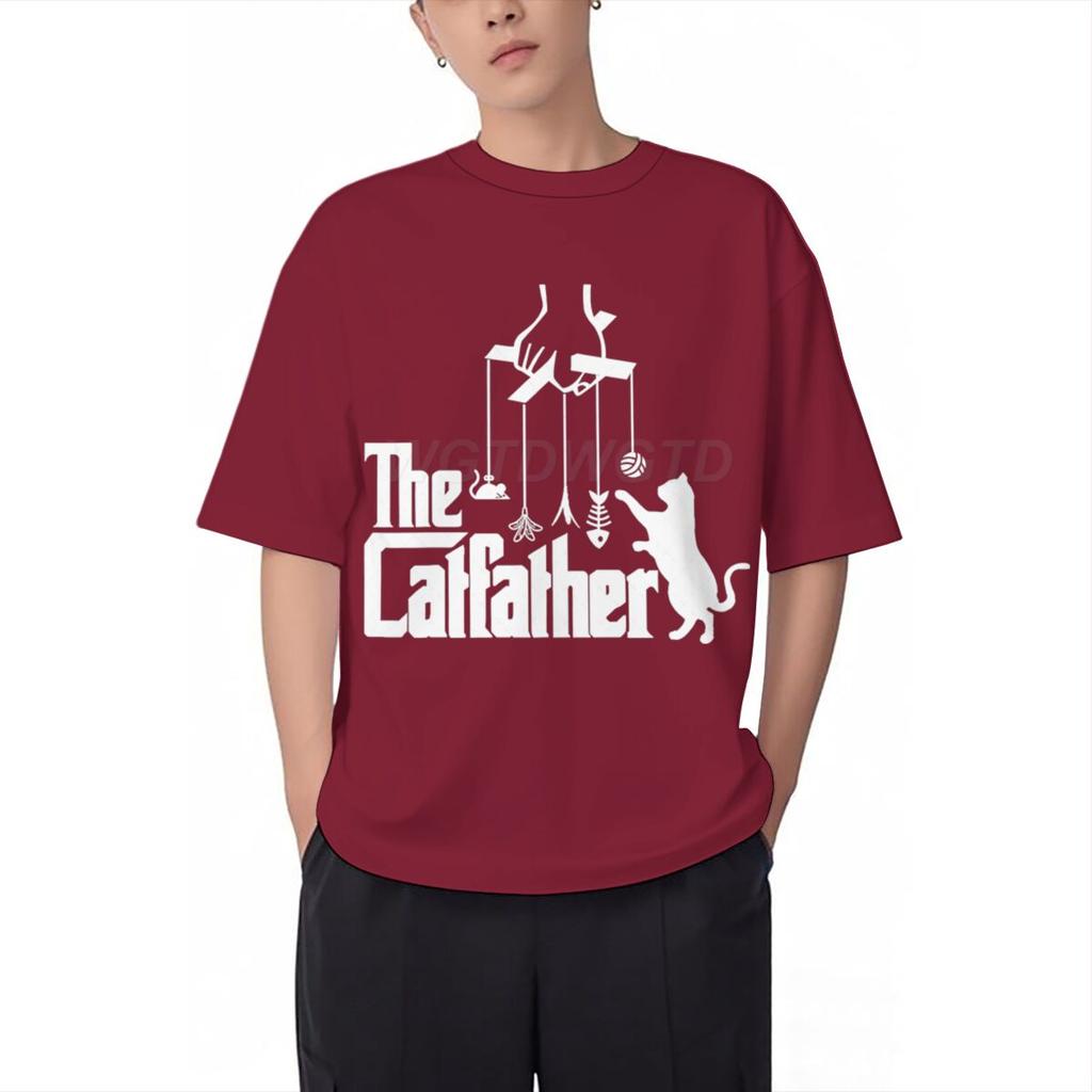 Vintage The Catfather Print T Shirt Men Fun Animal Cat Streetwear Short Sleeve Crewneck 100 Cotton Tshirts Fashion Kitten Tees