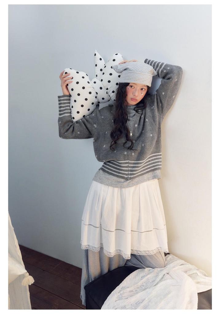 Simple Korean Polka Dot Jacquard Sweater - Women's Autumn/Winter Hooded Knit Top M31