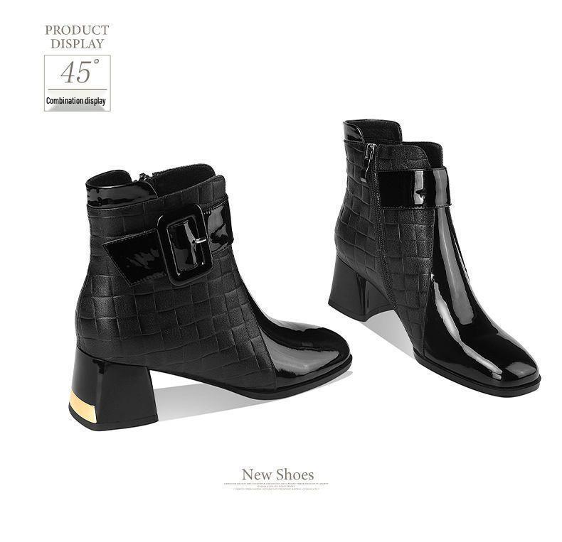 Women's 2025 Autumn/Winter British Style Fleece-Lined Square Toe Chunky High Heel Ankle Boots