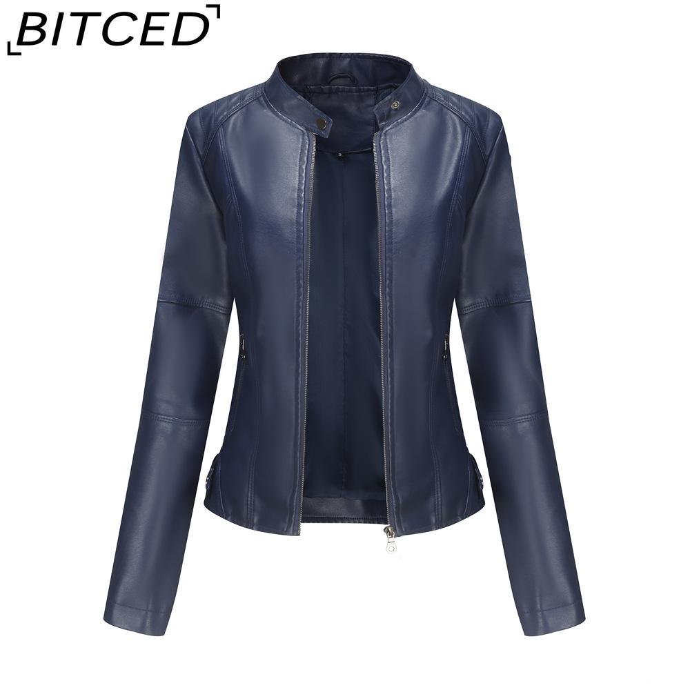 BITCED Women's Slim-Fit Leather Jacket - Lightweight Spring/Autumn Outerwear Motorcycle-Style Oversized Stand Collar Leather Jacket