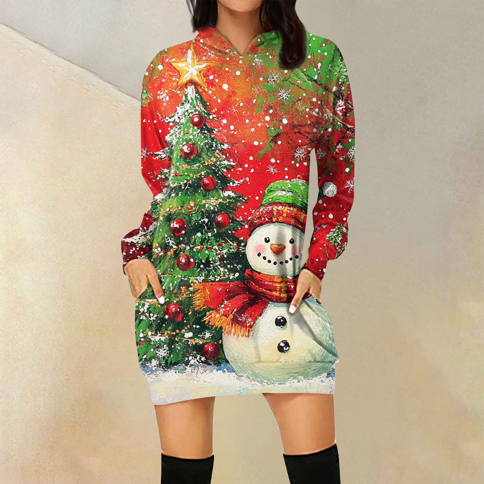 

Женская свободная повседневная толстовка с капюшоном и карманом с длинными рукавами с рождественским принтом, длинный топ L киноварь