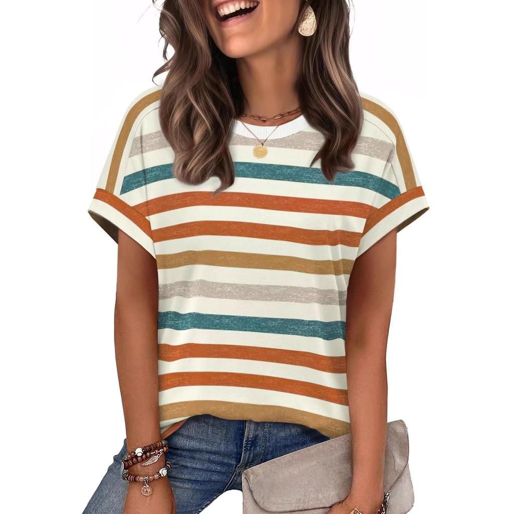 Casual Striped T Shirt For Women With Polyester Fabric Summer Comfort For Daily Wear