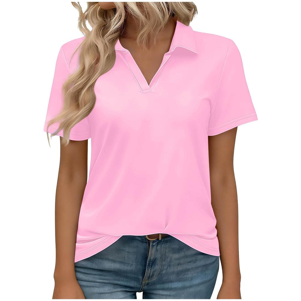 Women’s Short Sleeve Polo Collar V Neck Casual Loose Fit Basic T Shirt Soft Lightweight Top for Daily Wear Work School