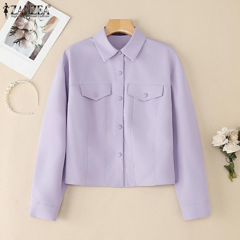 ZANZEA Women Casual Turn Down Collar Long Sleeve Plain Blouse