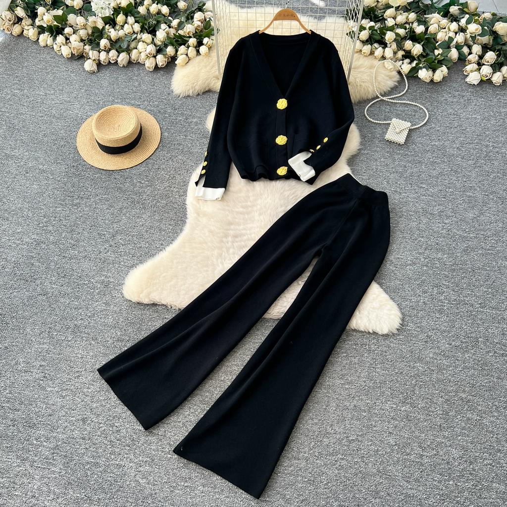 Autumn Winter Women Casual Knitted Sweater Trouser Two Piece Set Big Gold Button Single Breasted Jacket Tops and Elastic Waist Pant Tracksuit