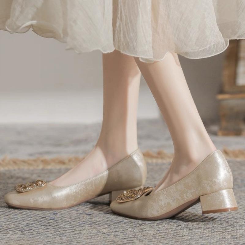 Fashion 2025 New Square-Crystal Button Low Heels  Women's Shoes Chunky Heels Square Head Ladies Pumps Shallow Mouth Stiletto Daily Shoes