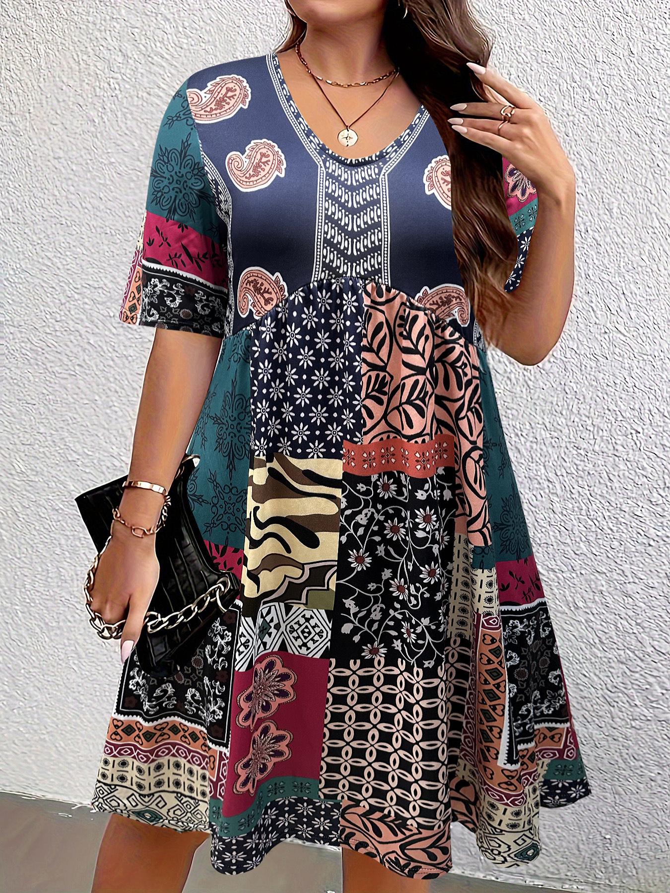 

2026 Women s Bohemian High Waist Printed V-Neck Long Dress - Spring/Summer Casual Style 4XL тёмно-синий