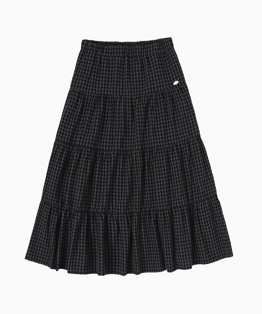 Moyora Tiered Check Flare Elastic Long Skirt [Navy]