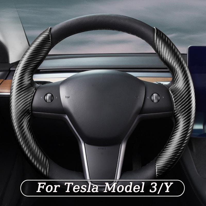 

Для Tesla Model 3 Model Y Автомобильный чехол на руль Внутренняя отделка из углеродистой кожи Противоскользящая защита рулевого колеса автомобиля