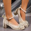 Fashion Bow French Mary Jane High Heels Women's Satin Block Heel Single Shoes New Chinese Style