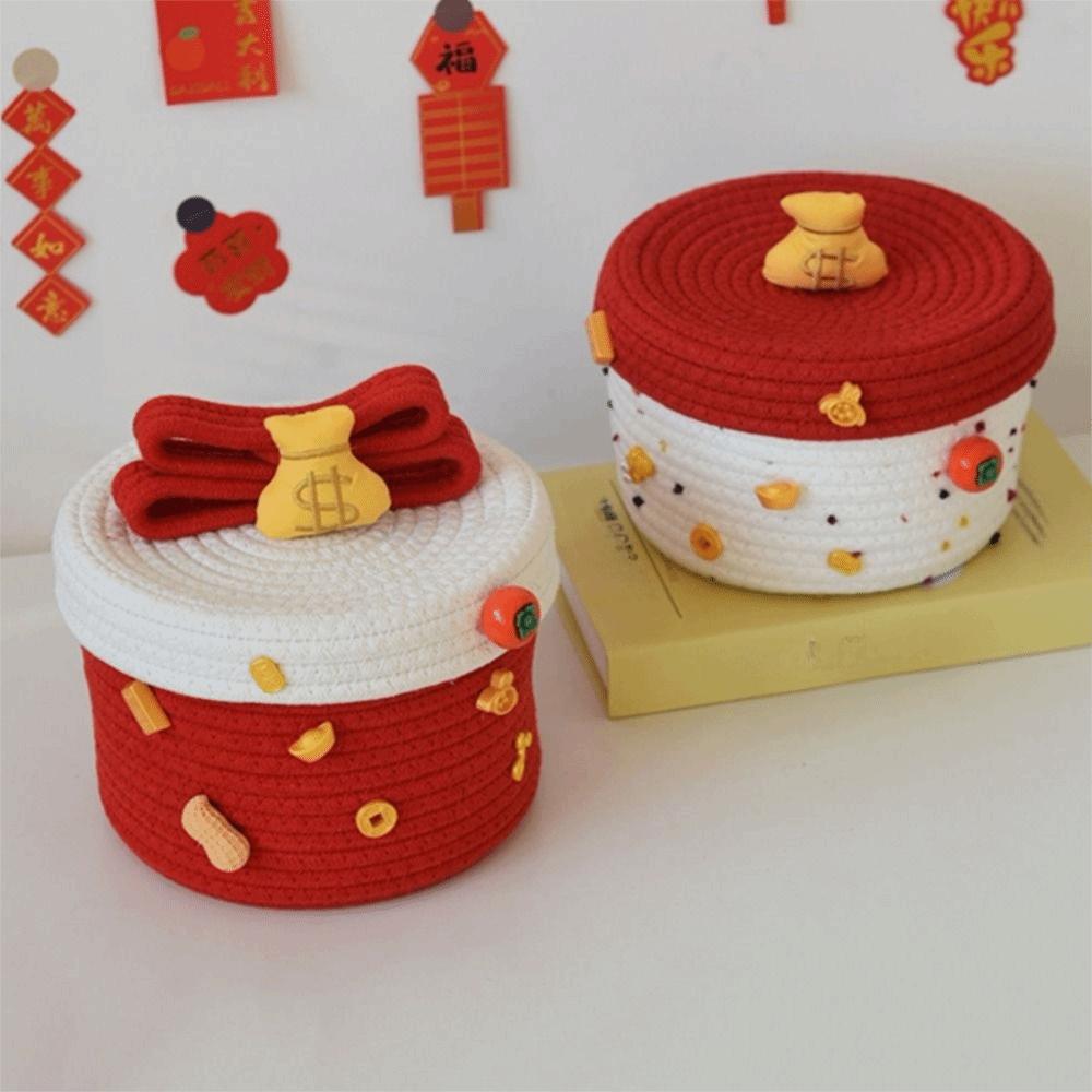 Handmade New Year Storage Basket Decorative Cartoon Cotton Rope Basket with Lid Blessing Sundries Organizer for Cosmetics Snack