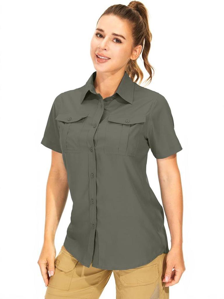 Dames 2026 Sneldrogend Kortmouwig Shirt - Effen Kleur, Borstzak met Klep, Ademend, Casual Outdoor Europees & Amerikaans Zomerstijl