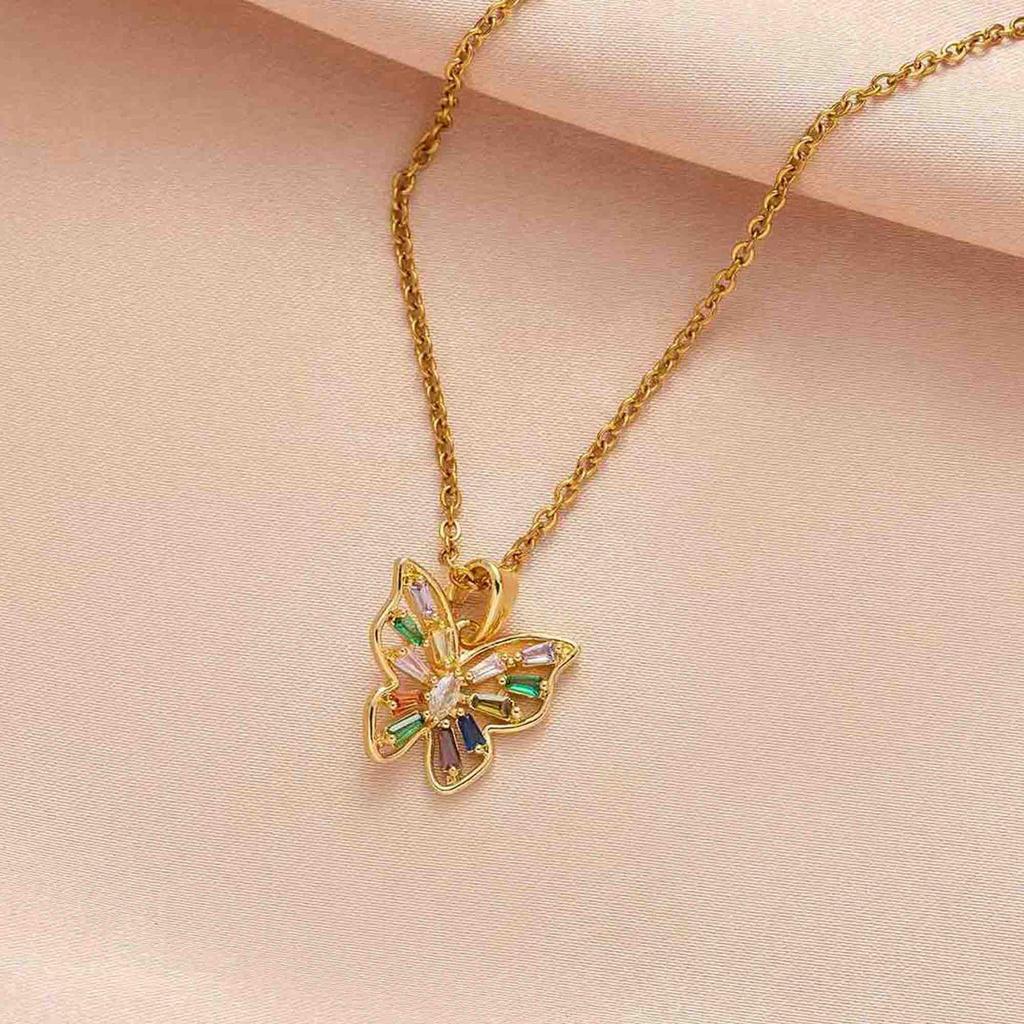 Women's Butterfly Necklace with Colored Zircon: Elegant Titanium Steel Clavicle Chain, Non-Fading, European & American Style
