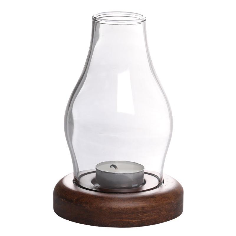 Genomskinlig Glas Ljusstake med Träbas Retro Vindtät Värmeljushållare Minimalistisk Rustik Boho Skandinavisk Heminredning