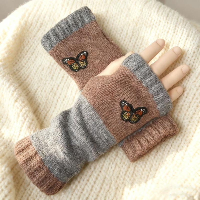 Gants en tricot sans doigts avec broderie de chat et patchwork, Gants décontractés ouverts aux doigts tendance pour femme, Mitaines chaudes d'hiver sans doigts