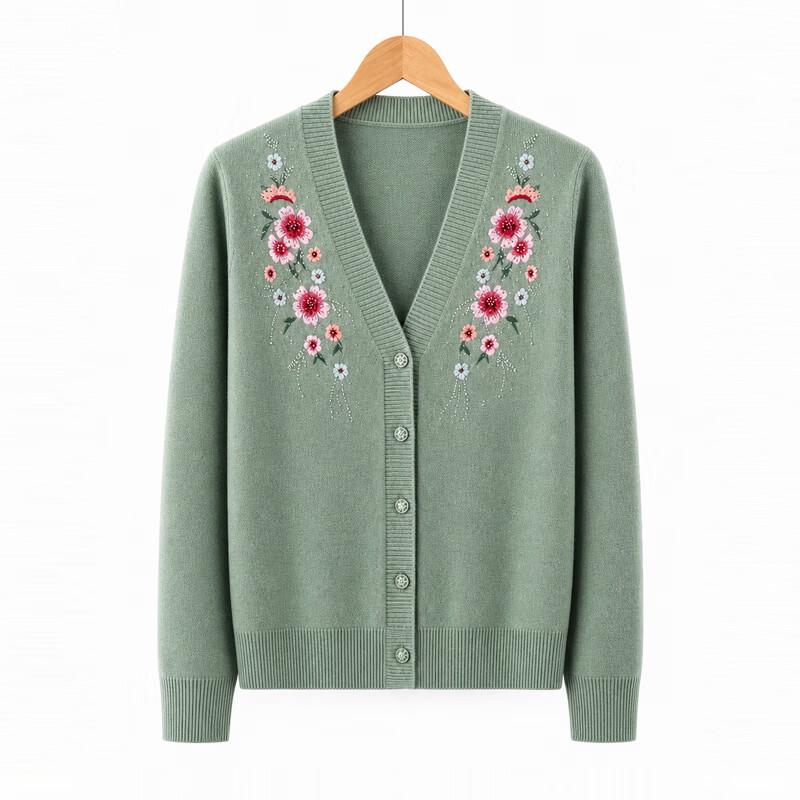 Hodo Women's Elderly Floral Embroidered V-Neck Knit Cardigan