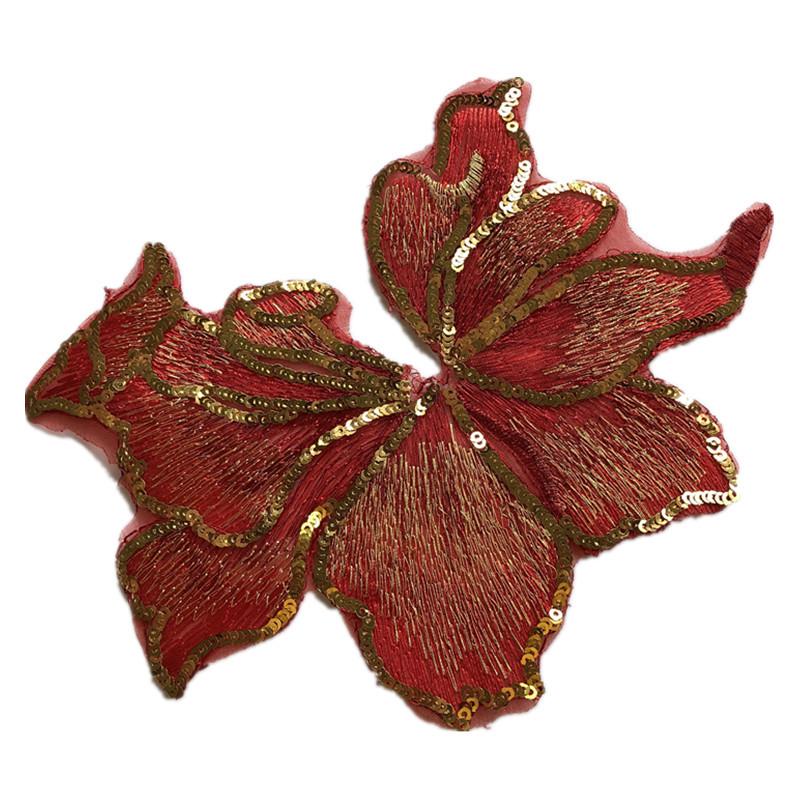 Large Red Gold Sequin Flower Embroidered Lace Patch for Clothing, Dresses, and DIY Decorations