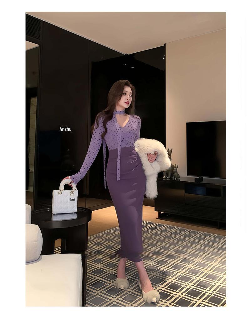 Purple Polka Dot V-Neck Two-Piece Long Dress with Cinched Waist and Slim Fit
