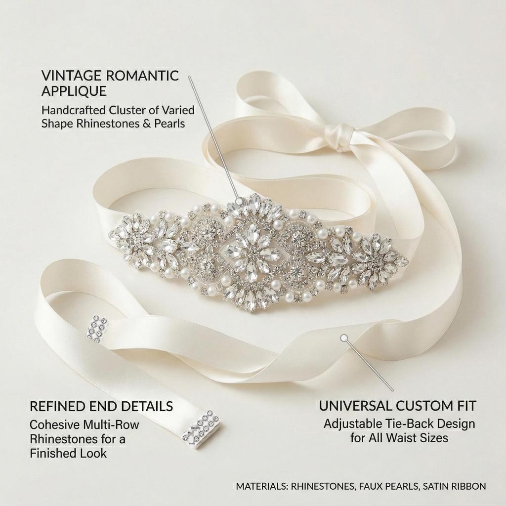 Elegant European & American Court-Style Pearl Rhinestone Hand-Sewn Bridal Waistband
