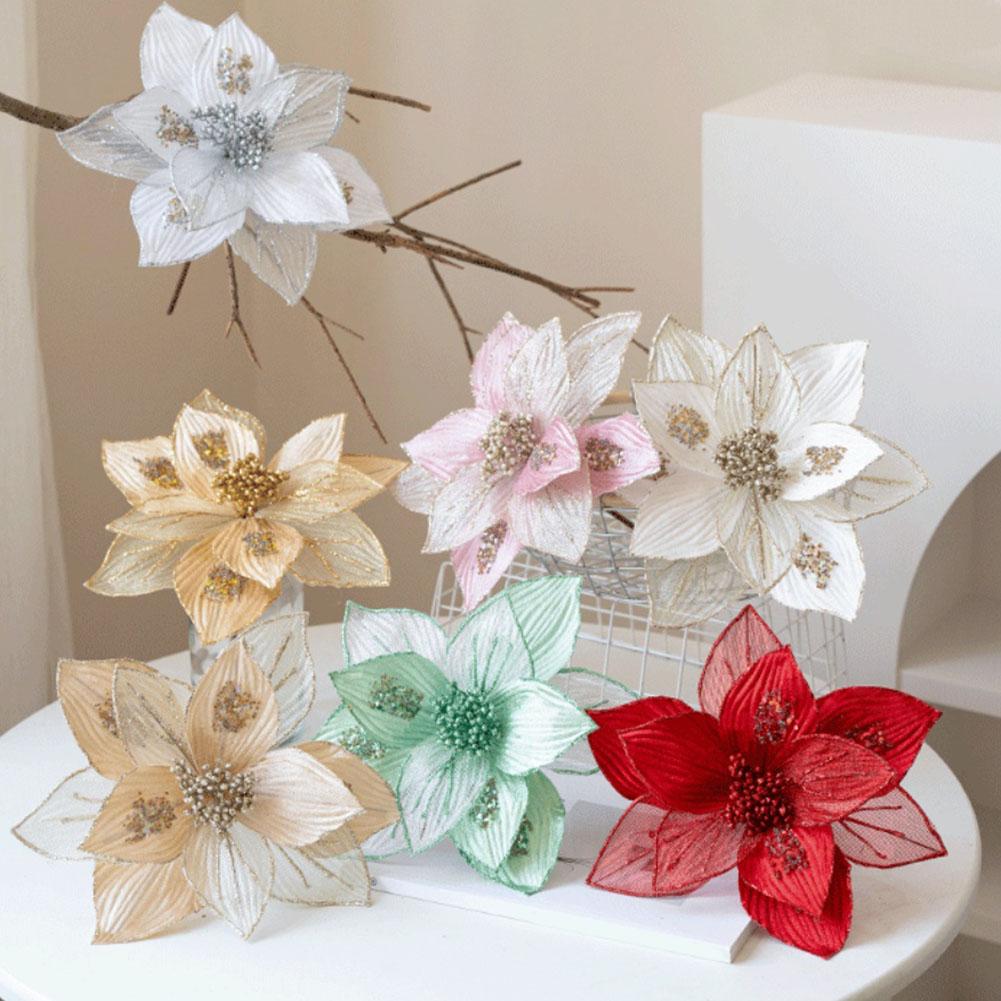 Artificial Magnolia Flowers Christmas Ornaments Glitter Decorations