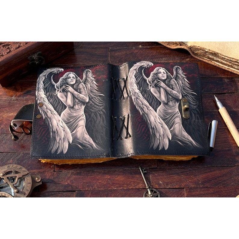 Angel Leather Journal - Handmade Leather Notebook • Grimoire Journal • Blank Book • Vintage Deckle Edges Paper • Special Gifts for Girls.