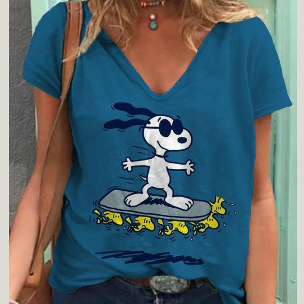 V-Neck Women's Sexy T-shirts Short Sleeve Breathable Simple Snoopy Cartoon Print Tops T-shirt Fun Patterns 15 Color Pullover Top