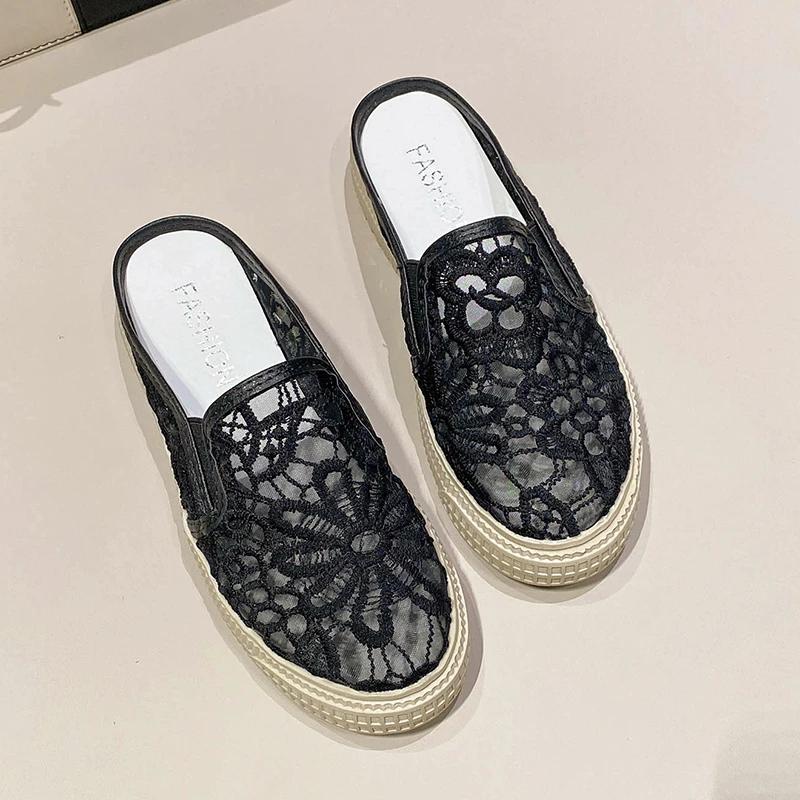 Hollow Embroidered Women's Slippers Flat with Pull on Women's Shoes on Sale 2025 New Summer New Solid Women's Slippers