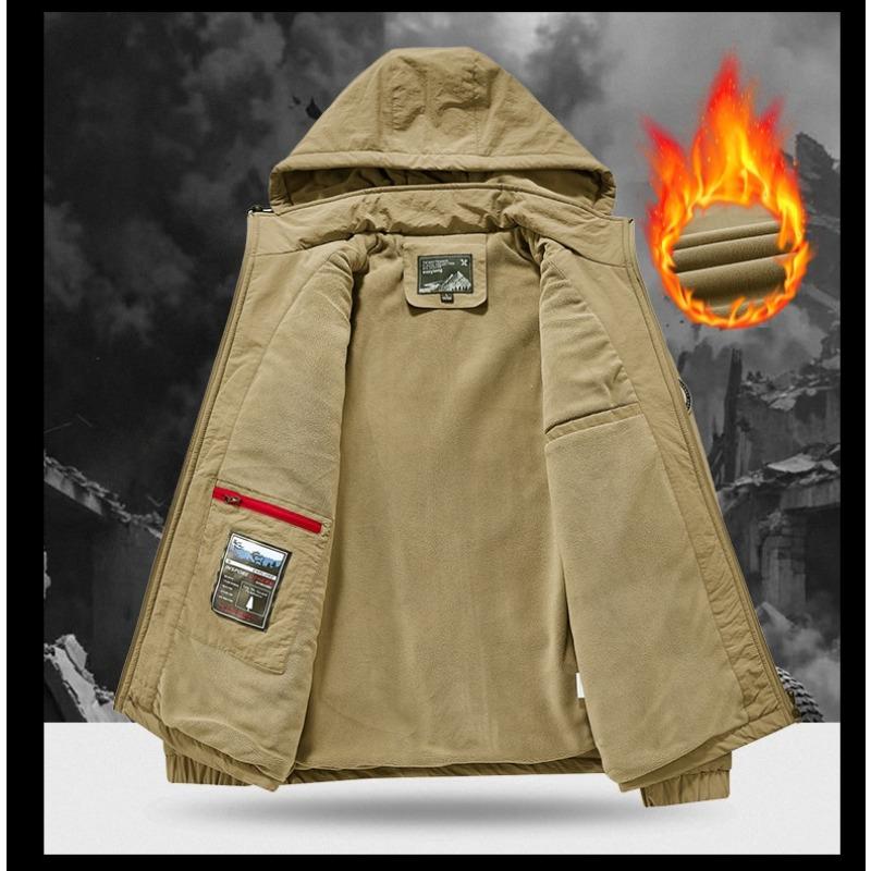 Men's Waterproof Jacket Casual Midlife Fleece Jacket  Autumn Winter Fleece Warm multi-pocket Cargo Coats Hooded Overcoats