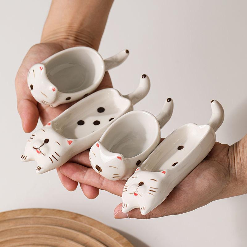 2pcs Ceramic Cat Dish Multi-Functional Sauce Plate & Chopstick Rest