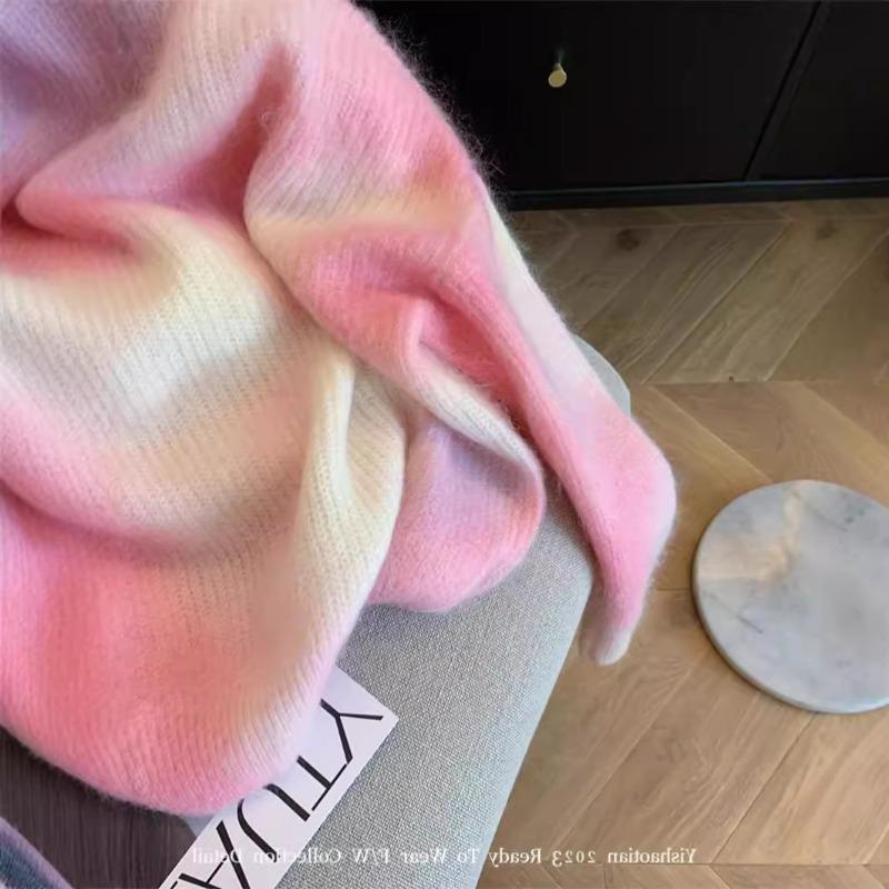 Pink Gradual Change Tie-dye Soft Waxy Mohair Sweater Women's Autumn New Gentle Small Knitted Sweater