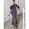 Womens One Shoulder Sequined Geometric Print Mermaid Evening Dress