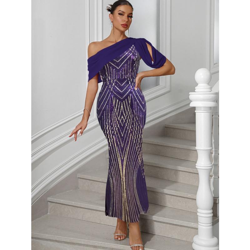 Womens One Shoulder Sequined Geometric Print Mermaid Evening Dress