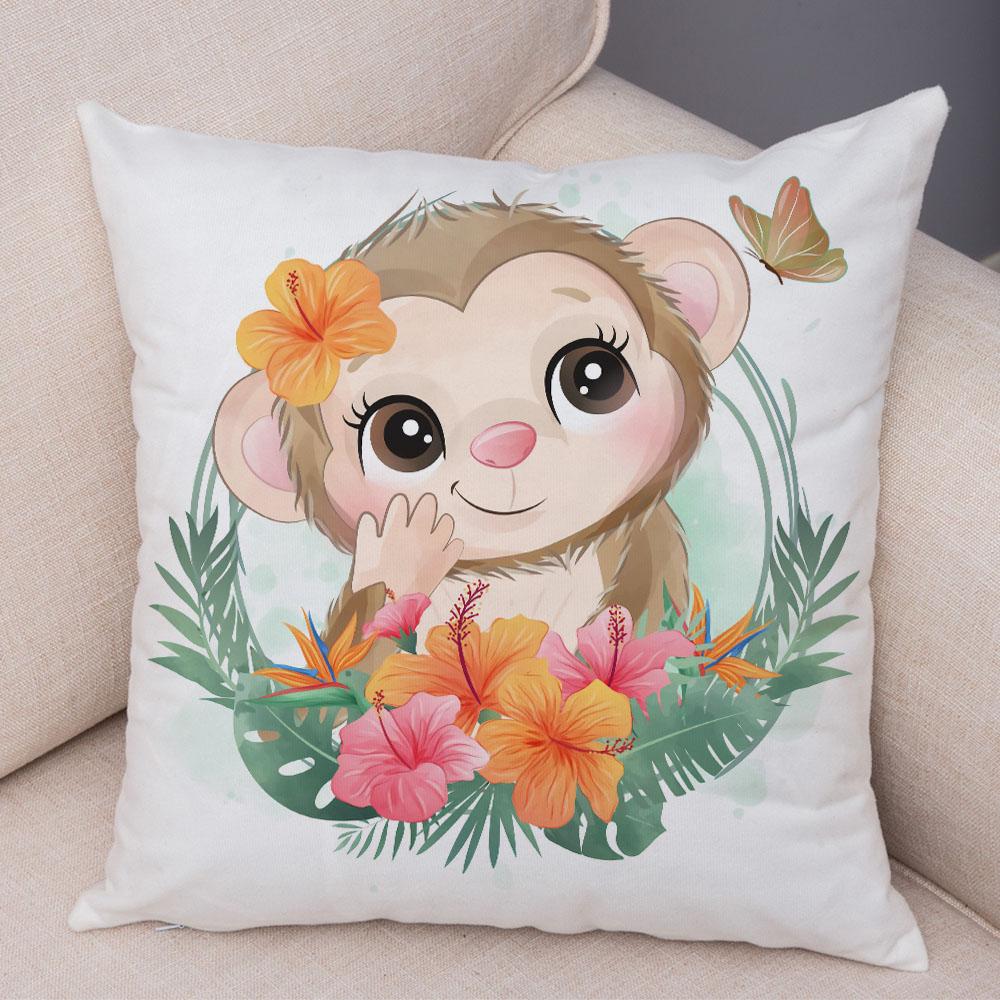 Cartoon Bird and Leaves Pillow Case Decor Cute Animal Lion Cushion Cover for Children Room Sofa Home Plush Pillowcase 45x45cm