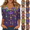 טי שירט נשים הדפס שרוול 3/4 יומיומי סוף שבוע אופנה בסיסי צווארון וי טופ רגיל