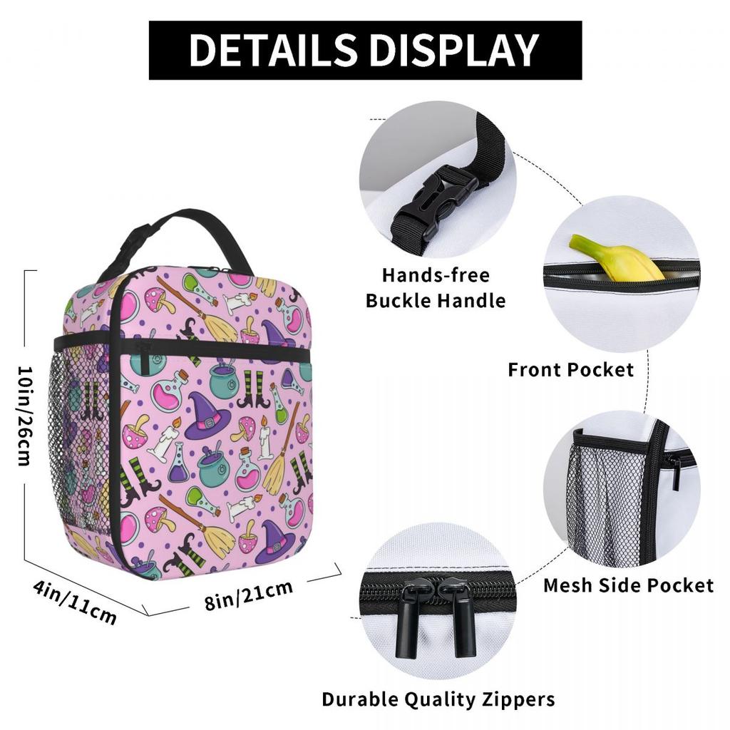 Cute Witches Halloween Element Pattern Insulated Lunch Bag for Women Children Portable Food Boxes Thermal Lunch Box Tote