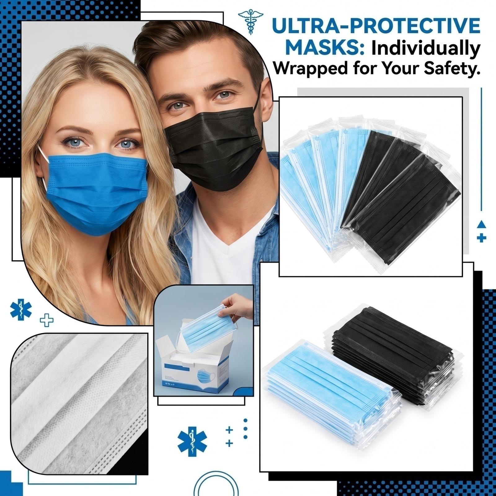 Disposable Face Masks 3 Layer Protective Covering with Meltblown Filter Layer Breathable Material Individually Packaged for Daily Use One Size