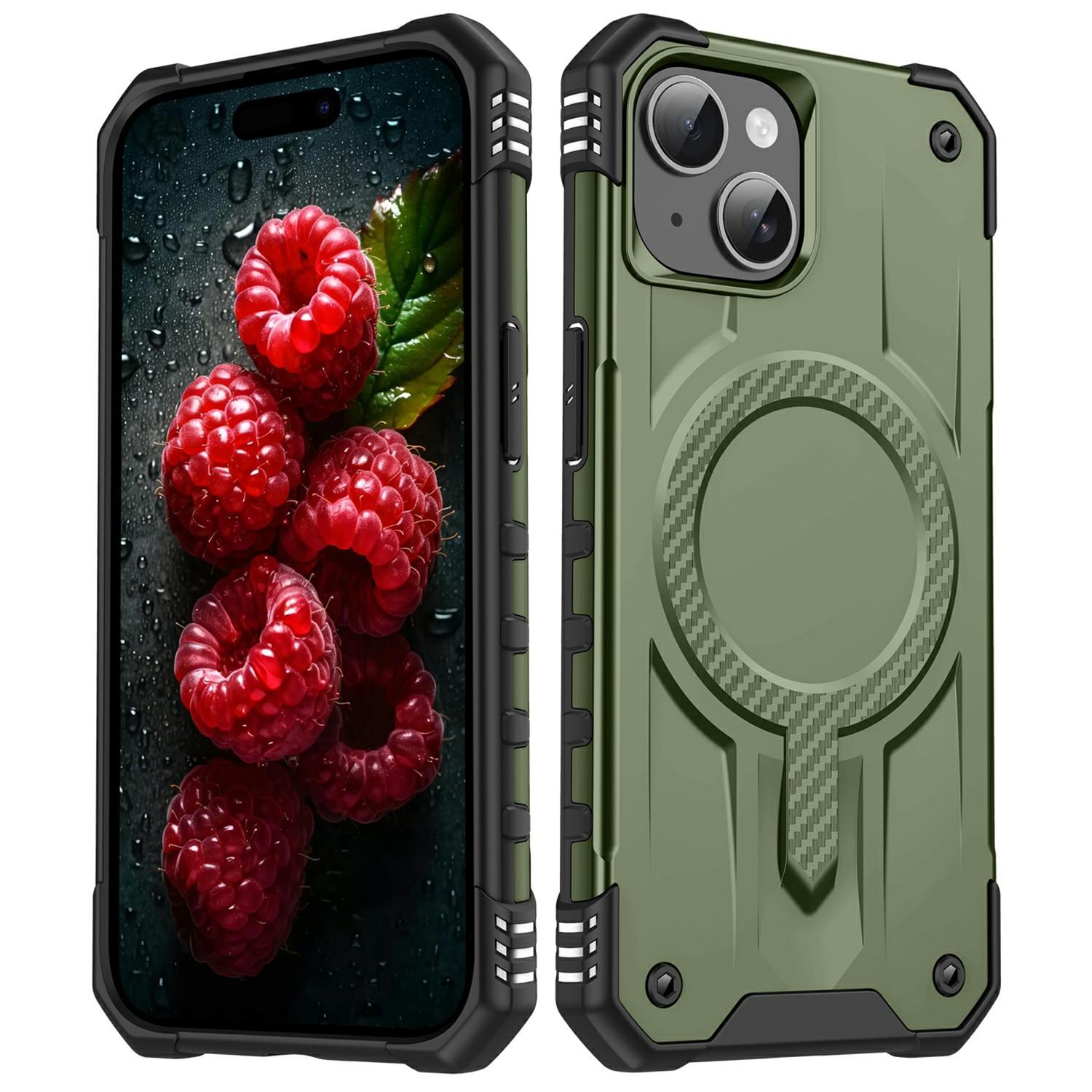 

For iPhone 14 Case Compatible with MagSafe Four Corner Airbags PC+TPU Phone Cover Army Green